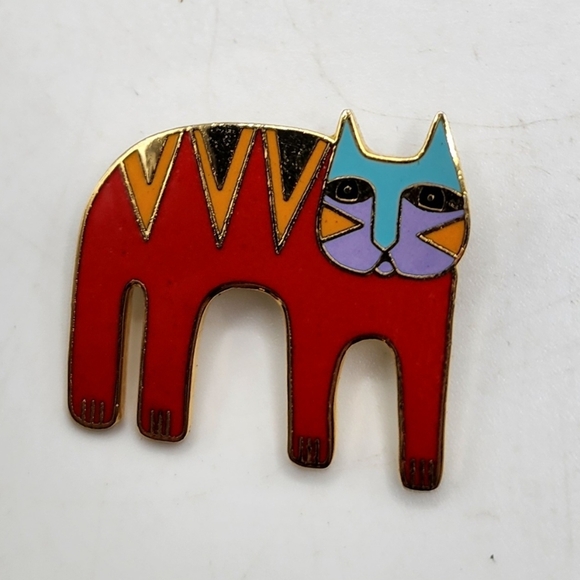 Laurel Burch Jewelry - VTG Laurel Burch “Magicat” Gold Tone Enamel Cat Brooch, Orange Red, Blue Pin